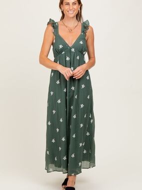 Wishlist Forest Green Floral Ruffle Strap Maxi Dress Sz Medium